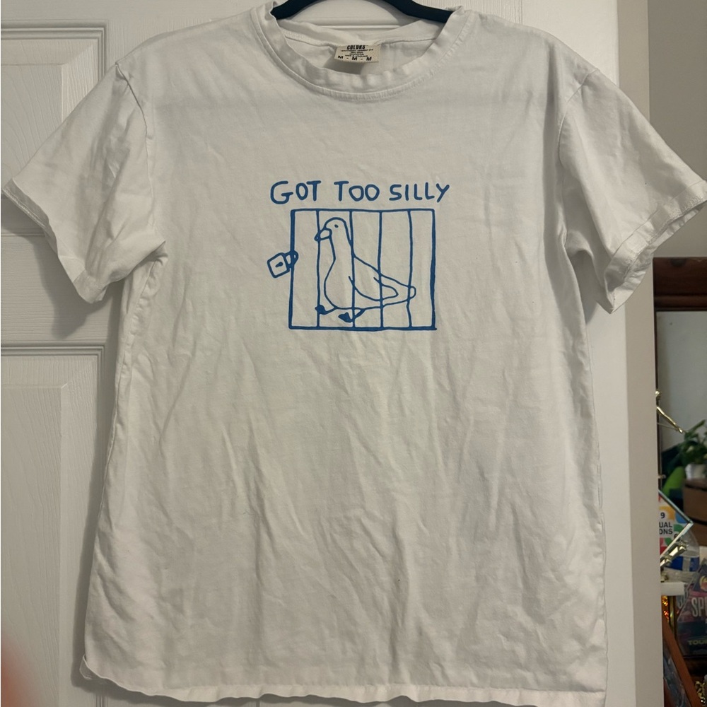 White T-Shirt with Blue Graphic